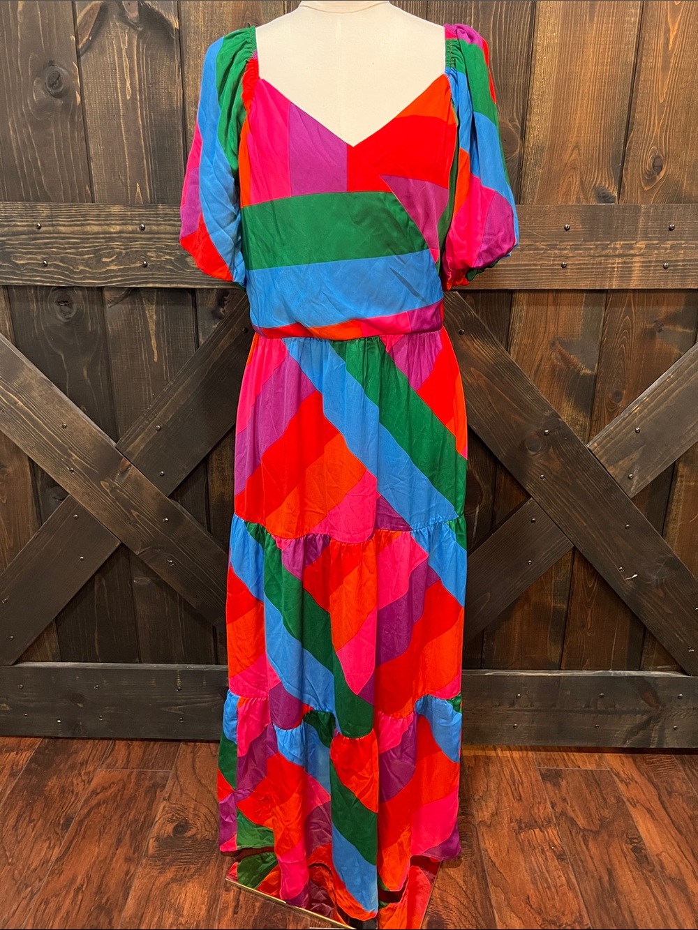 Skies Are Blue Iliana Rainbow Tiered Maxi Dress 1X Patchwork Puff Sleeve Boho